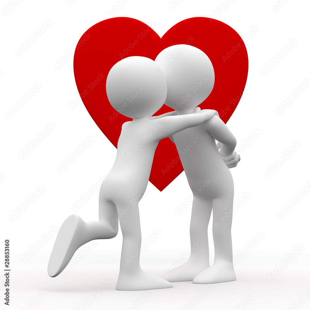 Woman kissing man with a heart background Woman kissing man with a heart background