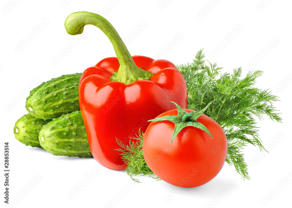 Fresh vegetables. Tomato, bell pepper and cucumbers isolated on white Fresh vegetables. Tomato, bell pepper and cucumbers isolated on white