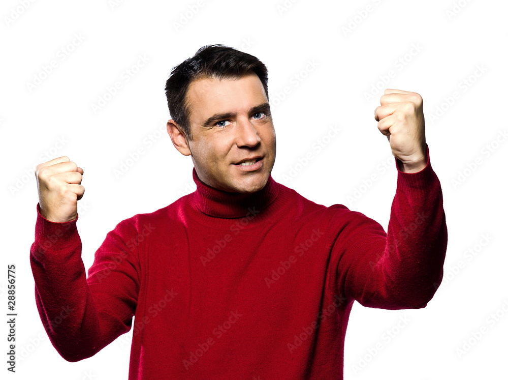 caucasian man gesturing fists raised strong menace
