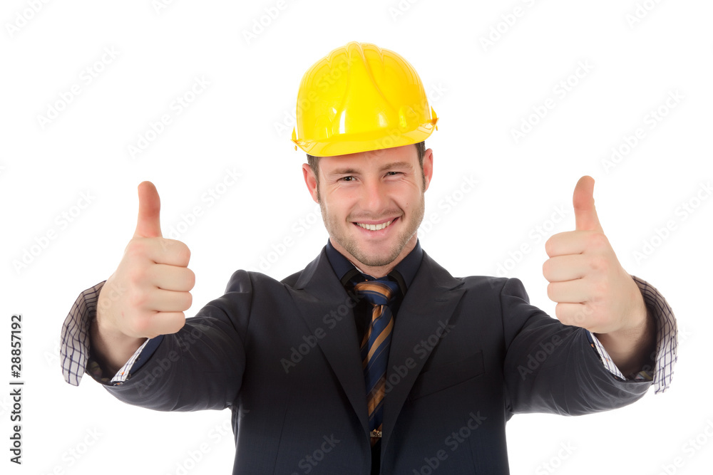 Young man architect thumbs up
