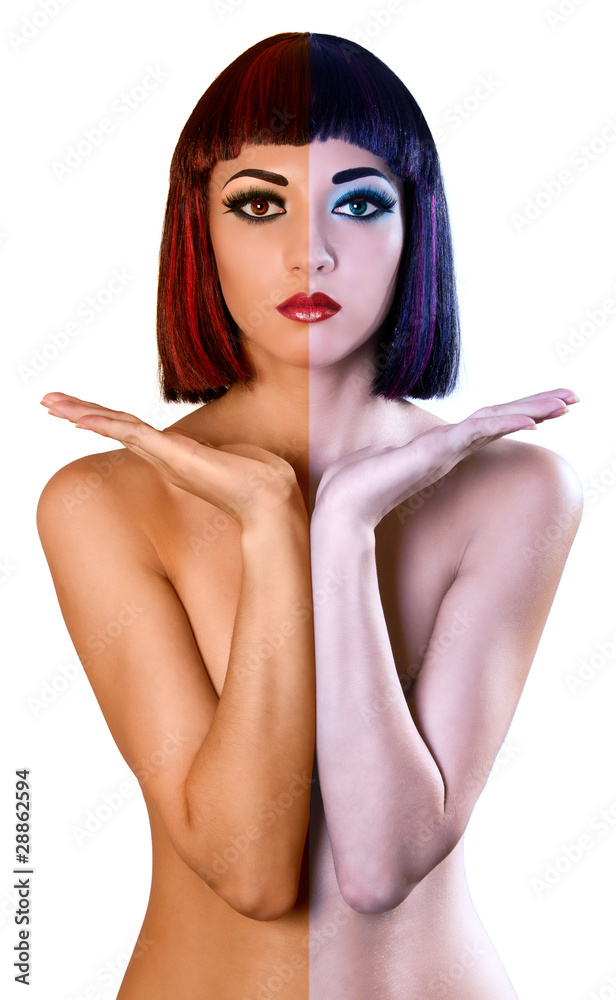 Fototapeta premium naked woman holding something on hands. Colored as hot and cold.