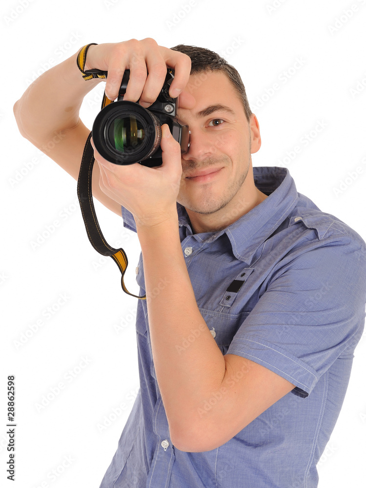 professional male photographer taking picture . isolated on whi professional male photographer taking picture . isolated on whi