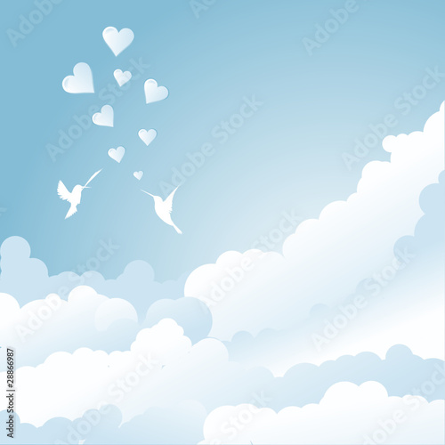 bird's love in blue sky with clouds and hearts