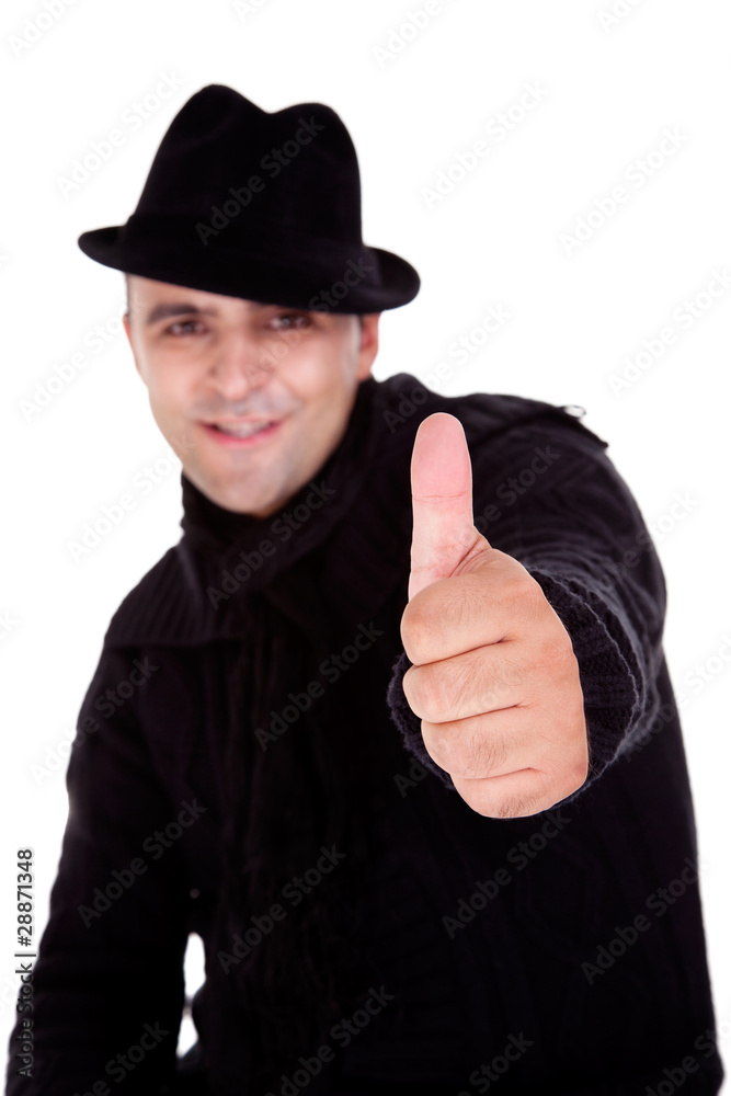 happy men with hat and thumbs up happy men with hat and thumbs up