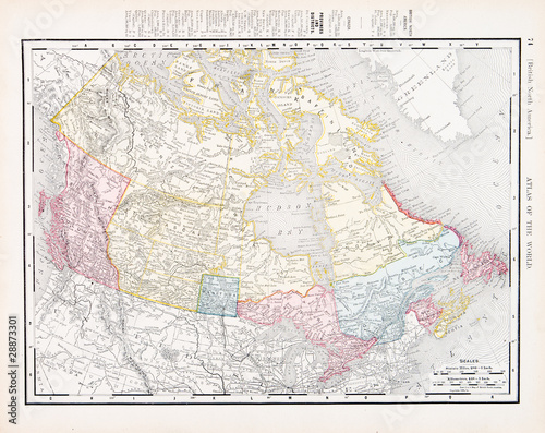 Antique Vintage Color Map of Canada, North America