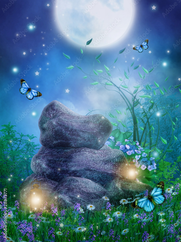 Fototapeta premium Sceneria fantasy z głazem i lampami