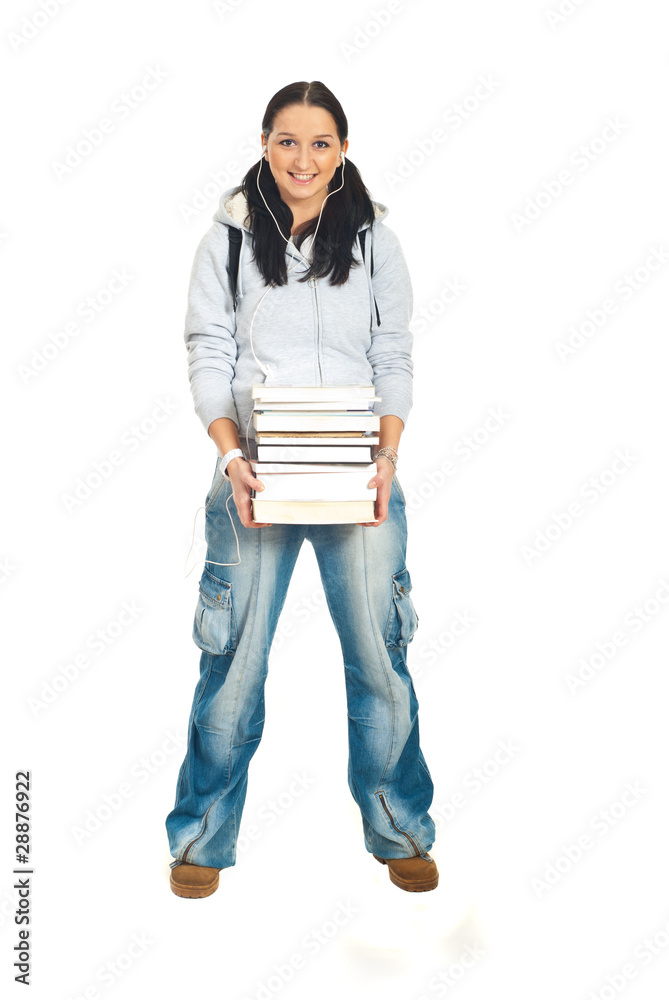 Student woman holding stack of books Student woman holding stack of books