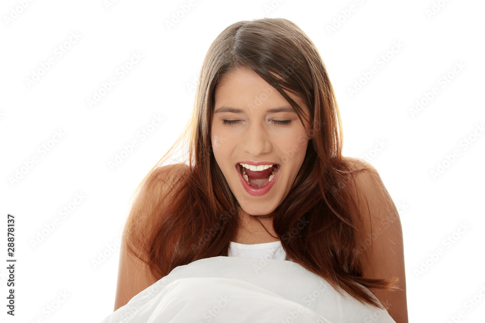 Beautiful young happy caucasian woman in bed Beautiful young happy caucasian woman in bed