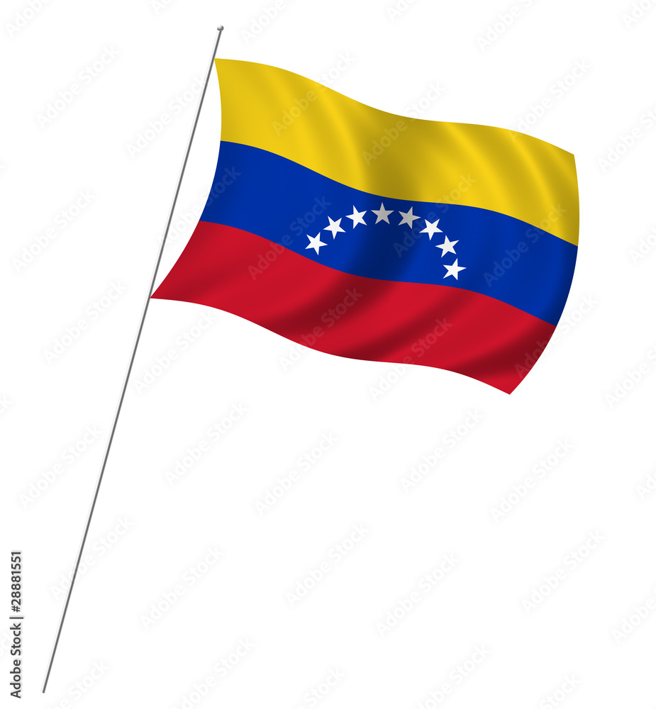 Flag of Venezuela with pole flag waving over white background