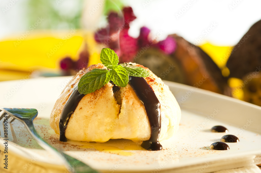Sweet steamed dumplings with chocolate sauce