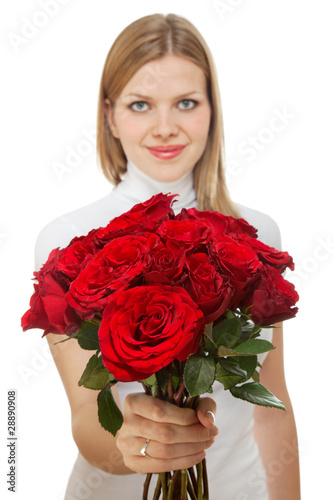 young beautiful woman with a bunch of roses