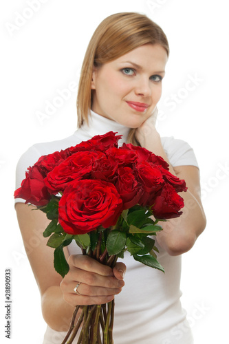young beautiful woman with a bunch of roses