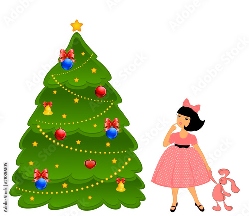 cartoon little girl with a fir-tree