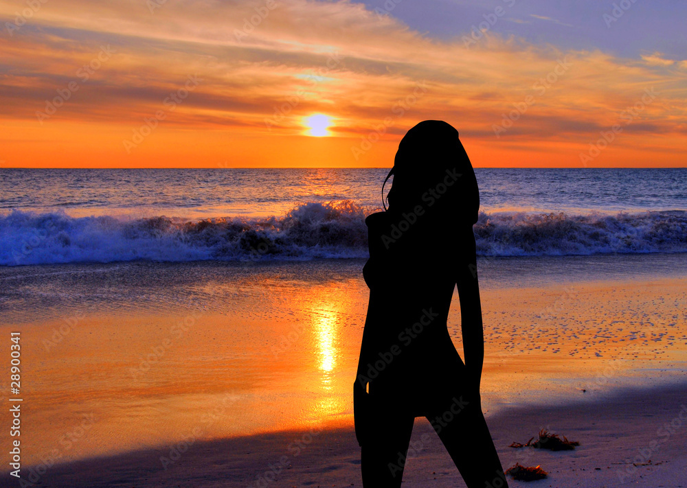 Silhouette of a girl on a sunset beach