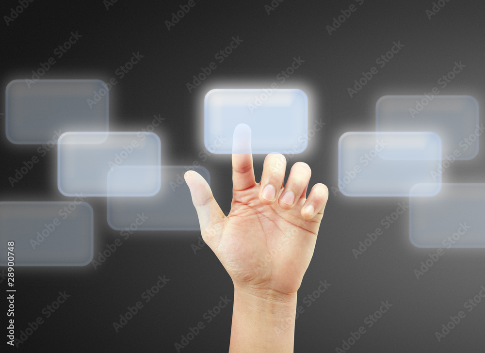 hand pushing on a touch screen interface hand pushing on a touch screen interface