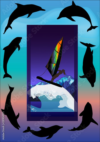 composition with dolphins and windsurfer