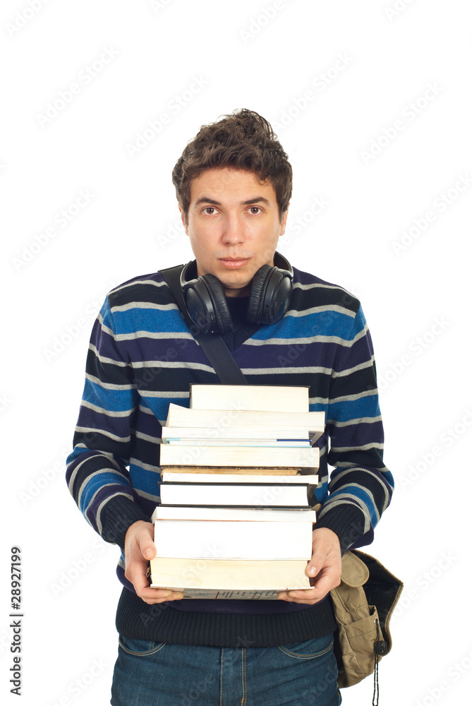 Sad student male carrying books Sad student male carrying books