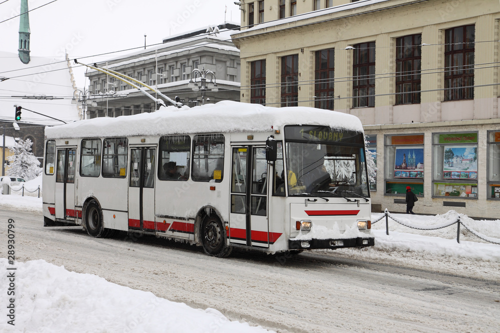 Czech Republic - city Pardubice, trolleybus in winter with snow