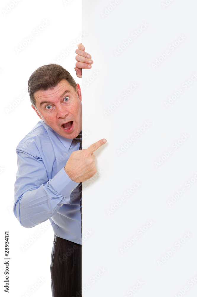 surprised Man with billboard on white background surprised Man with billboard on white background