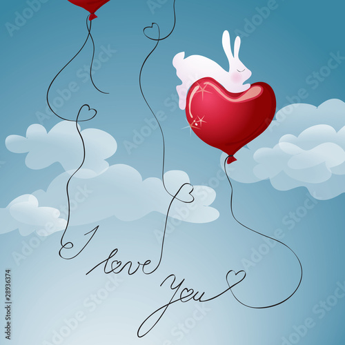 Rabbit with Valentine hearts in the sky