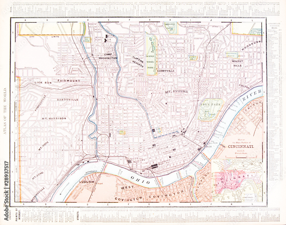 Detailed Antique Color Street City Map of Cincinnati, Ohio, USA