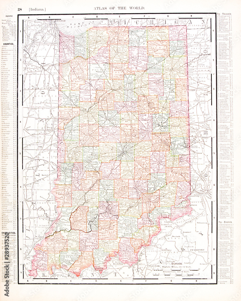 Antique Vintage Color Map of Indiana, United States