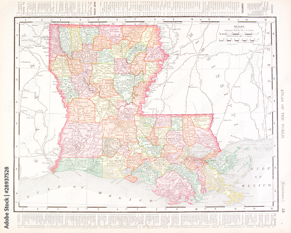 Antique Vintage Color Map of Louisiana, United States, USA