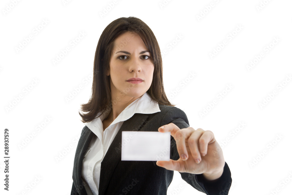 Serious Caucasian Businesswoman Suit Holding Blank Business Card Serious Caucasian Businesswoman Suit Holding Blank Business Card