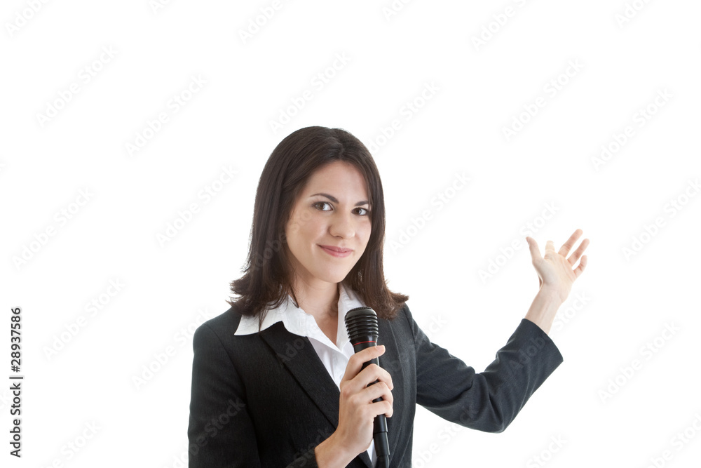 Woman Holding Microphone Pointing Behind, Isolated Background Woman Holding Microphone Pointing Behind, Isolated Background