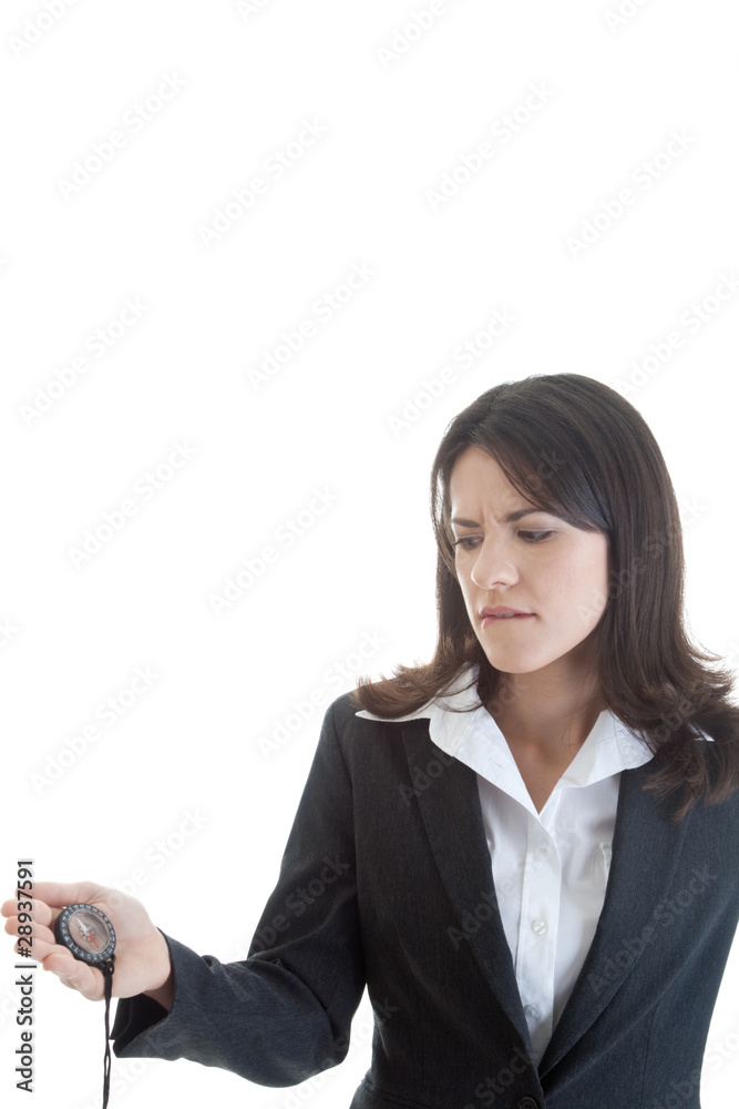 Caucasian Woman Biting Lip Looking at Compass, Isolated on White Caucasian Woman Biting Lip Looking at Compass, Isolated on White