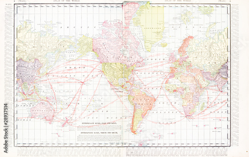 America Centric Antique Vintage Color World Map