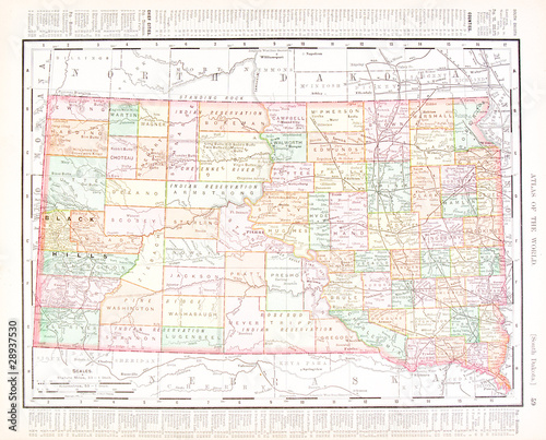 Antique Vintage Color Map of South Dakota  United States  USA