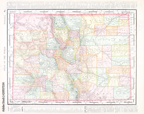 Antique Vintage Color Map of Colorado, United States, USA