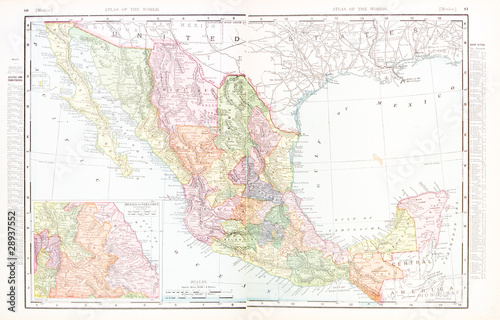 Antique Vintage Color English Map of Mexico