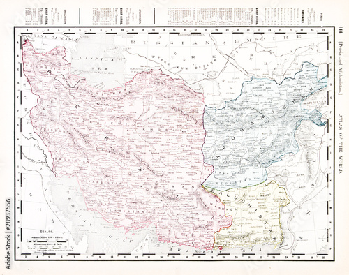 Antique Vintage Color English Map of Iran and Afganistan