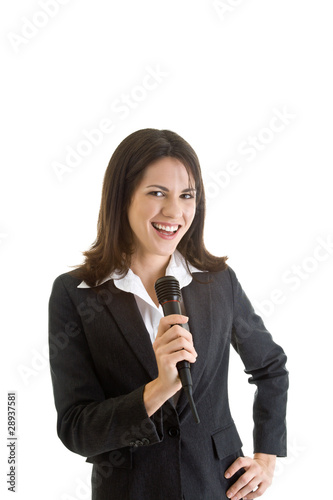 Smiling Caucasian Business Woman Holding Wireless Microphone Iso