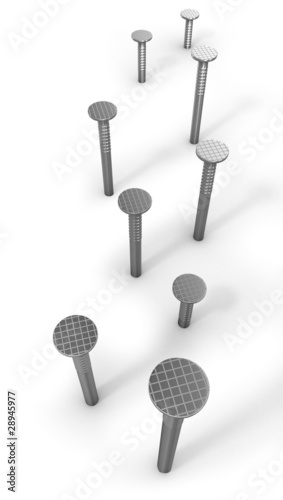 Path of hammered nails isolated on white