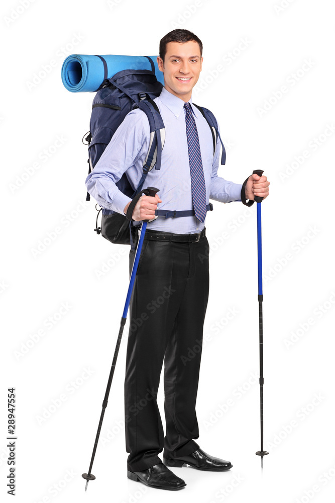 Full length portrait of a businessman in a suit with backpack Full length portrait of a businessman in a suit with backpack