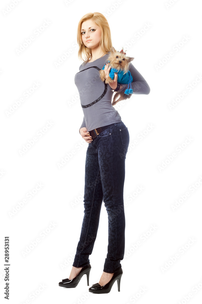 Attractive blonde posing with puppy. Isolated Attractive blonde posing with puppy. Isolated
