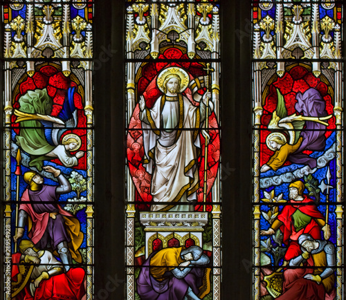 Beautiful stained glass window detail with vibrant colors and ex