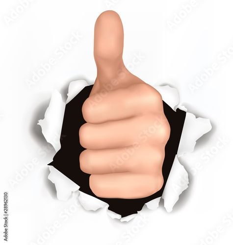 . Hand with thumb up has broken through a paper