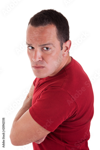 Photography man standing, looking with contempt