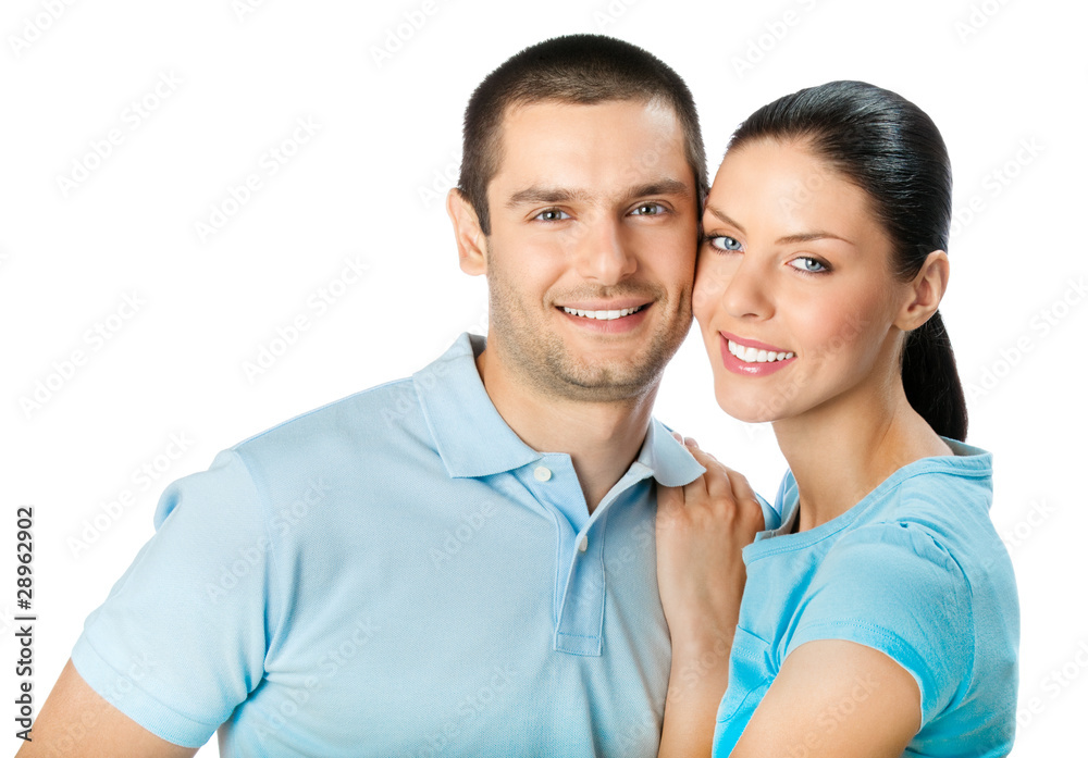 Portrait of embracing attractive couple, isolated on white Portrait of embracing attractive couple, isolated on white