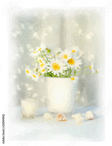 Digital watercolor of white daisies and seashells