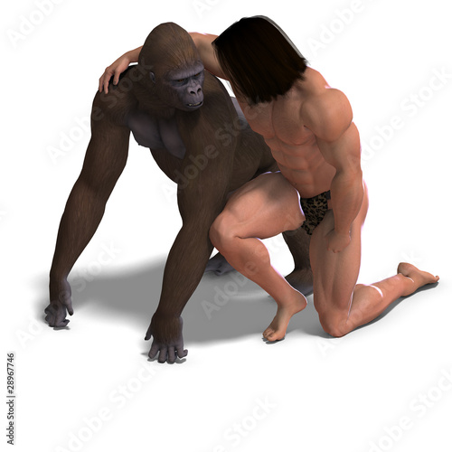 the apeman and the gorilla are ground friends. 3D rendering photo