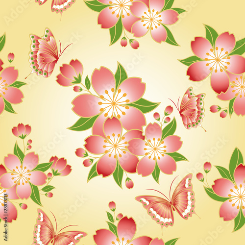 Oriental seamless pattern cherry blossom with butterfly