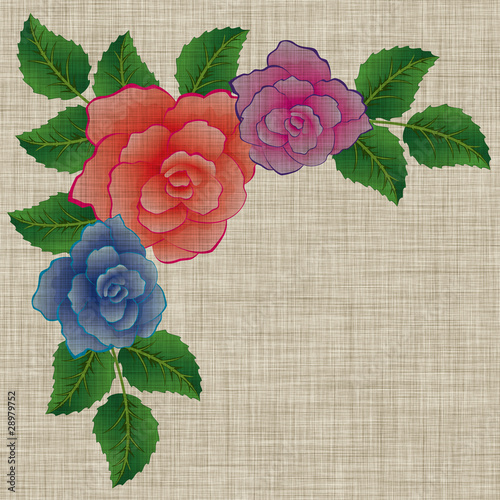 illustration of colorful roses with leaves on linen
