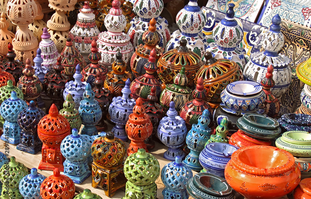 Colorful oriental pottery bazaar in Tunisia