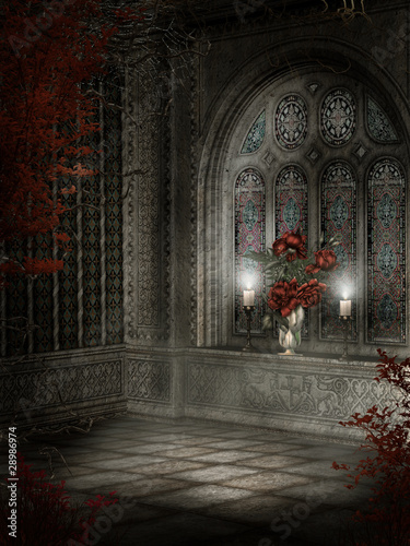 Gotycki pokój z różami i świecami
