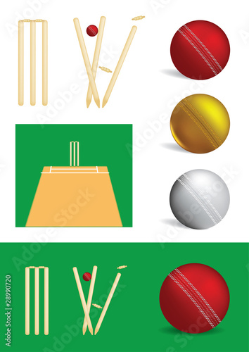 Set of cricket game objects - vector illustrations